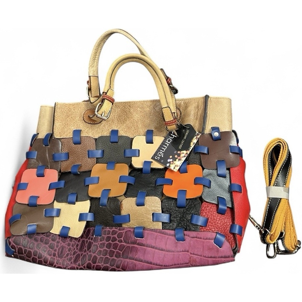 Charmes Tote Leather Bag Womens‎ Large Tan Multicolor Patchwork Boho Satchel NEW